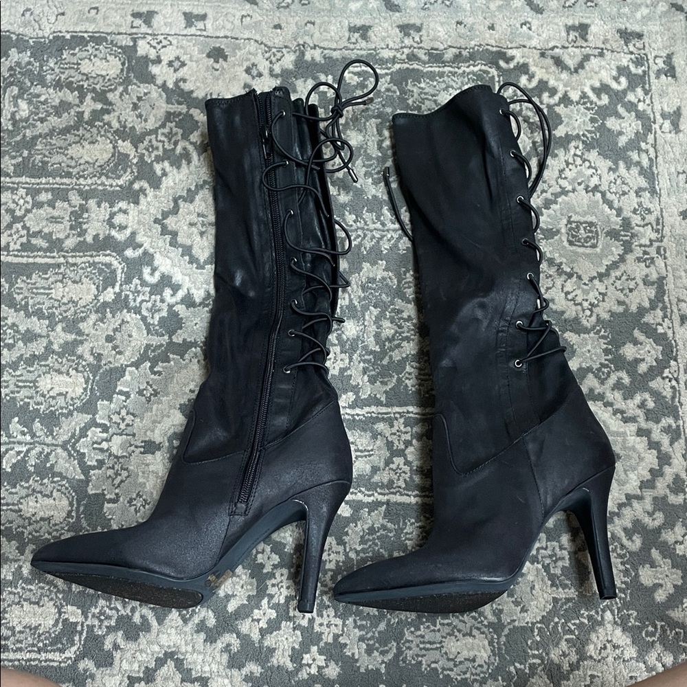 BCBGeneration black sueded shimmer lace up knee high boots. Size women’s 6.5.